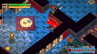 A dungeon chamber in Kura5, showing an axe-wielding foe and the player character hiding behind a red sofa