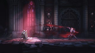 A knight with a shield facing off against a vampire-looking enemy equipped with a bloodwhip, in a Gothic castle interior. From the video game Mandragora