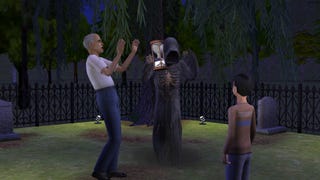 A Sim dancing with the Grim Reaper in the Sims 2