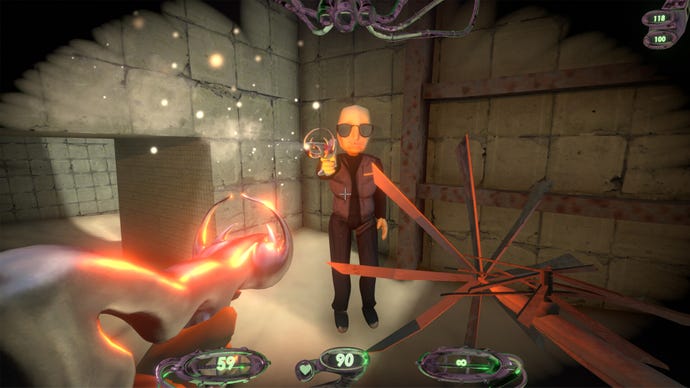 A player aiming weirdly-shaped sci-fi guns at another player in sunglasses in Straftat