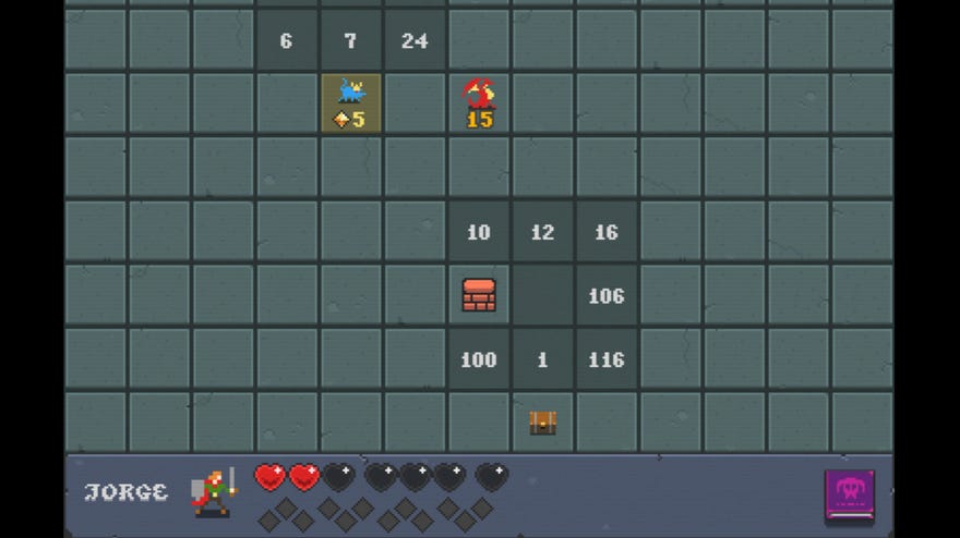 A game of Dragonsweeper, showing a mostly uncleared board of blank tiles with a dragon in the middle and numbers indicating things about the obscured tiles