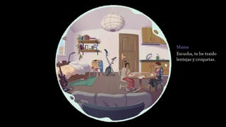 A snowglobe view of a single-room apartment with somebody having dinner with their mother at a table on the right handside