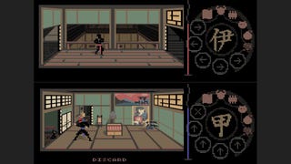 A splitscreen view of 80s pixelart ninjas investigating a daimyo's castle for treasure