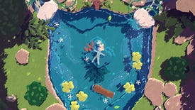 The player floats in a pool of water shaped like a deer's head in Naiad.