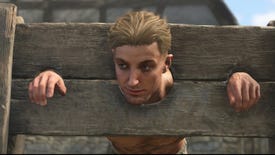 A blond man in the stocks in Kingdom Come: Deliverance 2