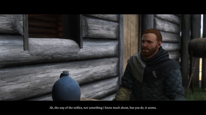 A man talking about the affairs of the nobles in Kingdom Come: Deliverance 2