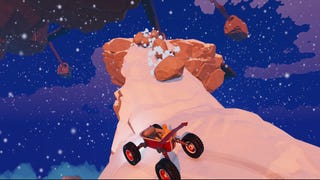 A bald man rides a bathtub on wheels. He's driving up a snow-covered rocky road at night, the sky full of stars. Boulders tumble towards him.