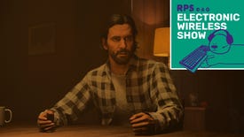 Alan Wake sits at a table, looking shocked, in Alan Wake 2. The Electronic Wireless Show logo is added in the top-right corner.