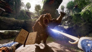 A ravenous, spore-infected bear launches towards the player, who holds a dagger and a grimoire in Avowed.