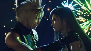 Cloud and Tifa prepare to smooch as fireworks explode behind them in Final Fantasy 7 Rebirth.