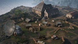 A camp of Nazi soldiers is seen atop a green and grassy hill, where a garrison and radar dish stand.