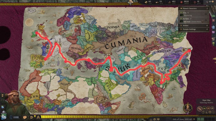 The route Cathmál took across the world, painted on a map.