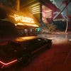 A street scene in Cyberpunk 2077 without and ray or path tracing.