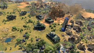 Tanks and planes flying over green planes and forests in Civilization 7