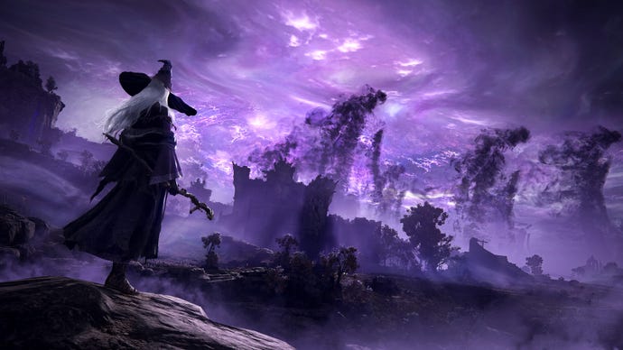 A mage-like player character in Elden Ring: Nightreign stands on the edge of a cliff and looks towards a purple-skied landscape.