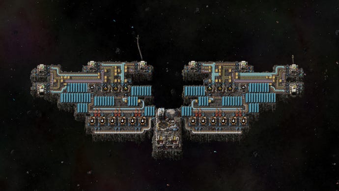 A screenshot of a spaceship in Factorio: Space Age shaped like an eagle with spread wings.