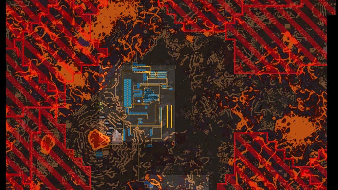 A screenshot of a map of Vulcanus in Factorio: Space Age, where the player's base is surrounded by hazardous red areas denoting Demolisher territory.