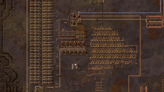 A screenshot of a section of coal mines next to a boiler and steam engine setup on the planet Vulcanus in Factorio: Space Age.