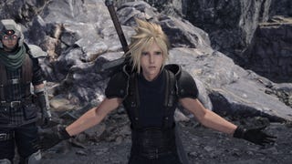 Cloud sticks his arms out in confused protest during a Final Fantasy 7 Rebirth cutscene.