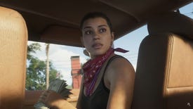 One of the protagonists of GTA 6 looks behind her seat in a car wearing a red bandana and holding a wad of cash.