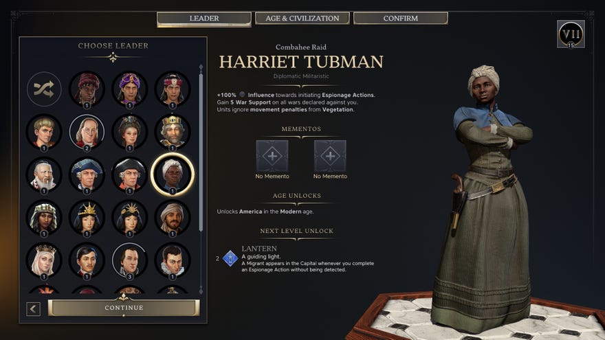 The Civilization 7 leader selection screen, showing Harriet Tubman