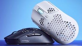 The black and white versions of the HyperX Pulsefire Haste Wireless gaming mouse, against a blue background.