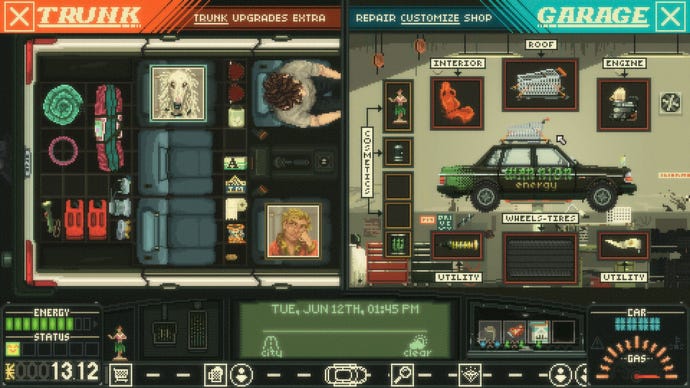 The player stops in a garage to get upgrades to the car.