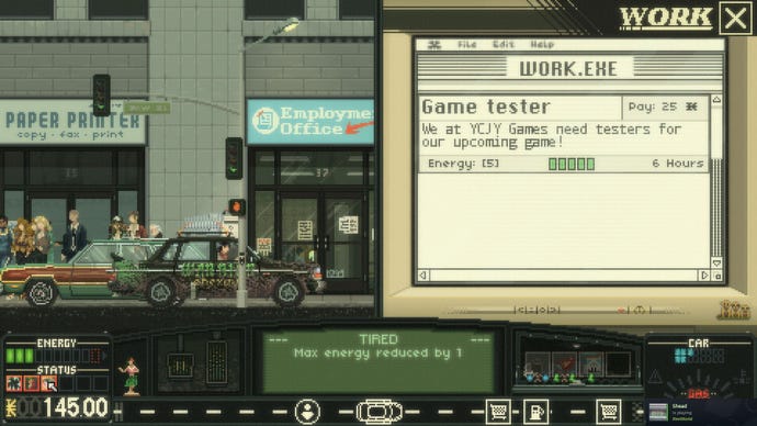 A work computer is displayed, showing one job the player can get as a games tester.