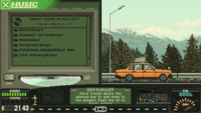 The CD player interface shows up beside the car, with the CD ejecting.