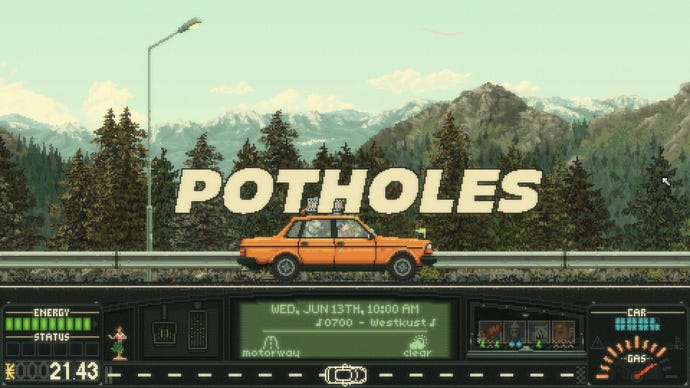 A big message appears on screen showing the next threat: POTHOLES.