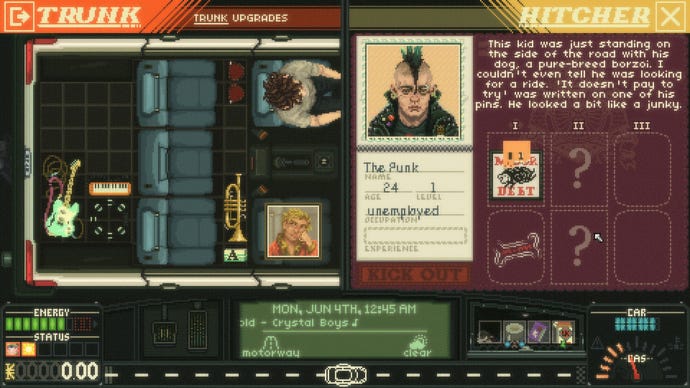 The player reads the description of the Punk, a possible hitchhiker that can join you.