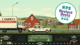 A white sedan drives along the road with a truck behind it and red houses in the background. The game has been awarded a "RPS Bestest Best" sticker.