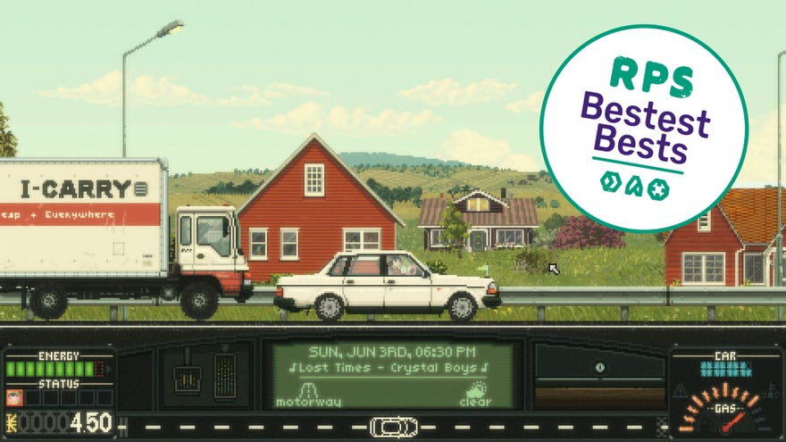 A white sedan drives along the road with a truck behind it and red houses in the background. The game has been awarded a "RPS Bestest Best" sticker.