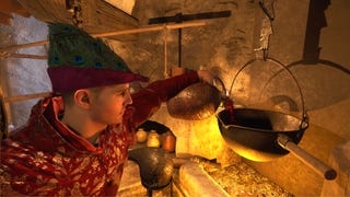 Henry, the main protagonist in Kingdom Come: Deliverance 2, pours wine from a jar into a cauldron at an Alchemy Bench.