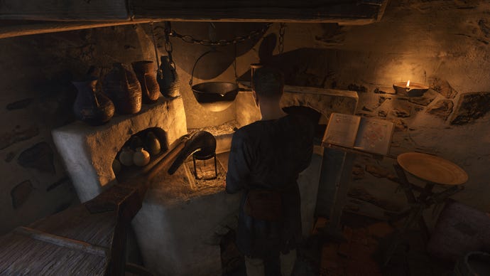 Henry works at an Alchemy Bench in Trosky Castle in Kingdom Come: Deliverance 2.