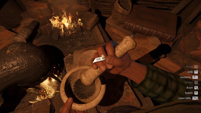 Henry uses a mortar and pestle at an Alchemy Bench in Kingdom Come: Deliverance 2.