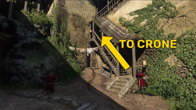 A section of Trosky Castle in Kingdom Come: Deliverance 2, showing a staircase up towards the Crone tower marked in yellow.