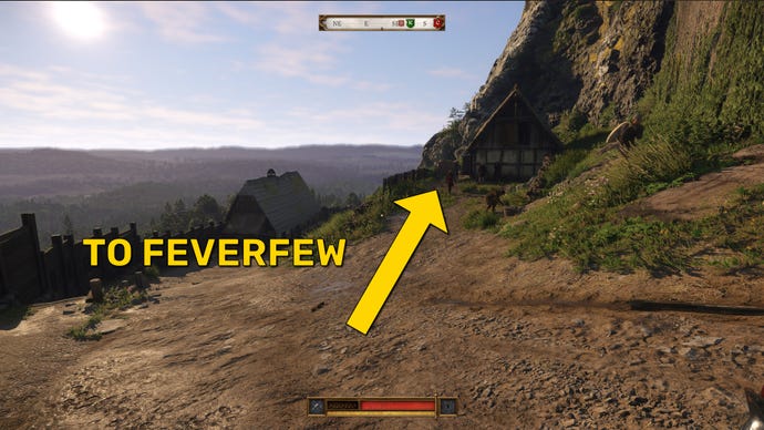 The player in Kingdom Come: Deliverance 2 heads towards a barn in Trosky Castle. The direction towards some Feverfew is marked in yellow.