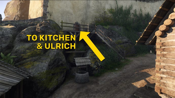 Part of Trosky Castle in Kingdom Come: Deliverance 2, with a well in the foreground and a staircase behind it, leading to a door marked in yellow as heading towards the kitchen and Ulrich.