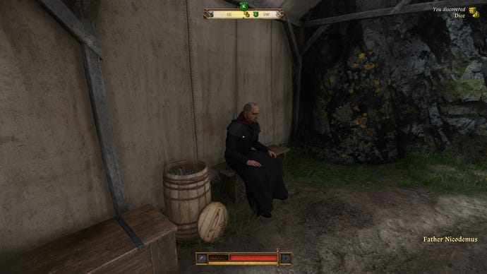 Henry approaches a sitting Father Nicodemus in Kingdom Come: Deliverance 2.