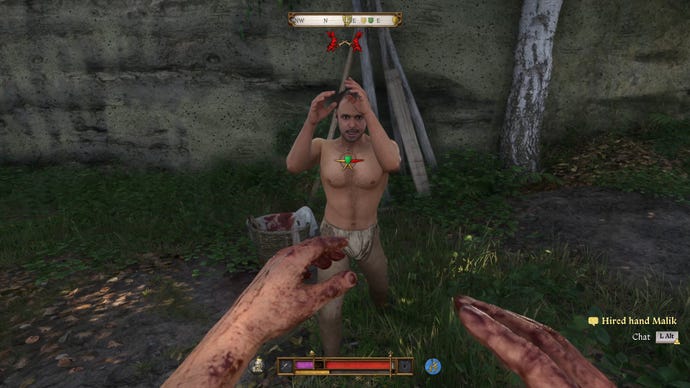 The player in Kingdom Come: Deliverance 2 engages in a shirtless fistfight outdoors with an NPC.