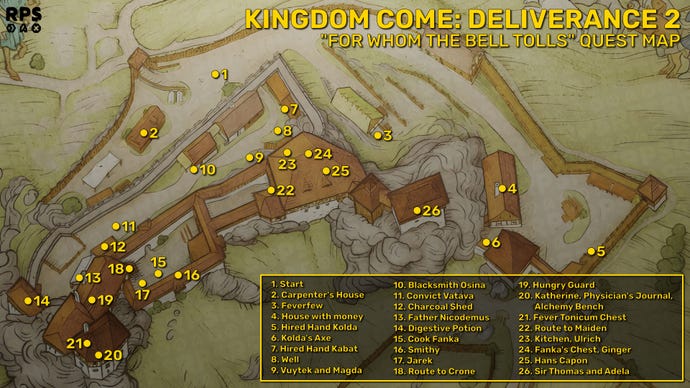 A map of Trosky Castle in Kingdom Come: Deliverance 2, with various locations and positions marked in yellow for help with the main quest, "For Whom The Bell Tolls".