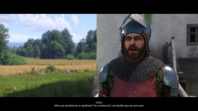 A close-up of Gules, an NPC and former bandit in Kingdom Come: Deliverance 2, clad in armour and having a conversation with the player.