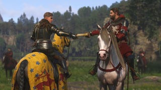 Hans and Sir Thomas, two characters in Kingdom Come: Deliverance 2, exchange a rolled up letter while on horseback.