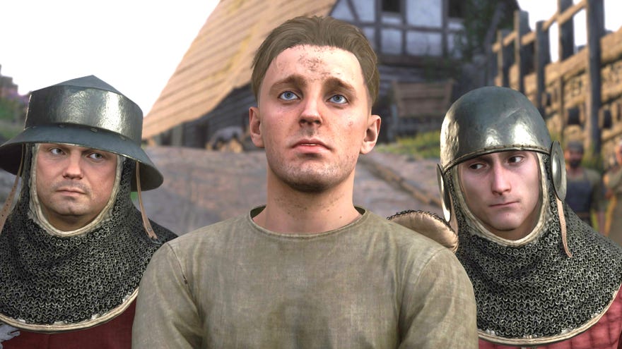 Hans, a key character in Kingdom Come: Deliverance 2, is walked down a road, flanked by two guards.