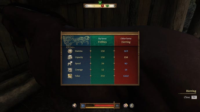 The player in Kingdom Come: Deliverance 2 inspects a horse's stats.