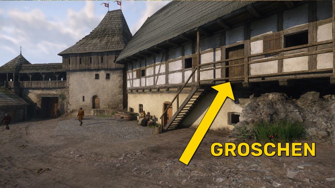 The player in Kingdom Come: Deliverance 2 heads towards a house in Trosky Castle with an exterior staircase, which leads to a door marked "Groschen".