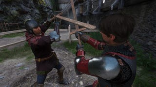 Henry uses the Master Strike against Black Bartosh in a practice duel with wooden swords in Kingdom Come: Deliverance 2.