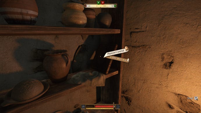 The player in Kingdom Come: Deliverance 2 prepares to steal a Physician's Journal from a shelf in a tower of Trosky Castle.