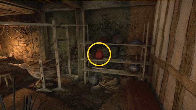 Part of a smithy in Trosky Castle in Kingdom Come: Deliverance 2, with a yellow circle highlighting a red pot on a back wall shelf.